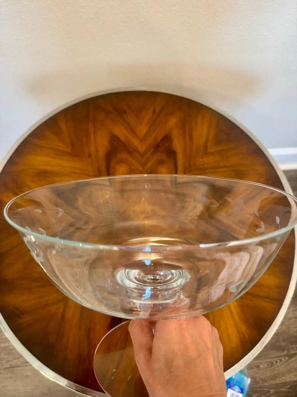 Princess House Heritage Clear Etched Glass Compote Bowl 9 5/8 X 7” Hand Blown